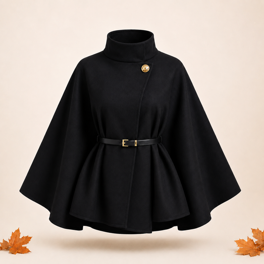 Belted Cape Jacket – High Neck & Gold Button