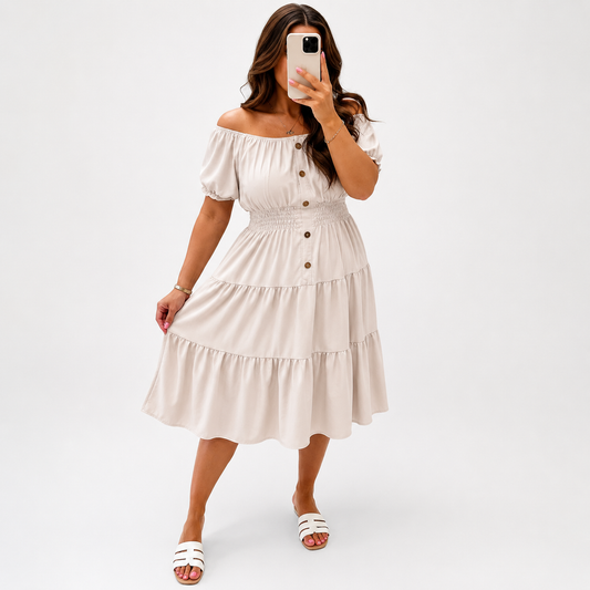 Magic Bardot Button Midi Dress with Pockets | 23 Colours | UK 12–24