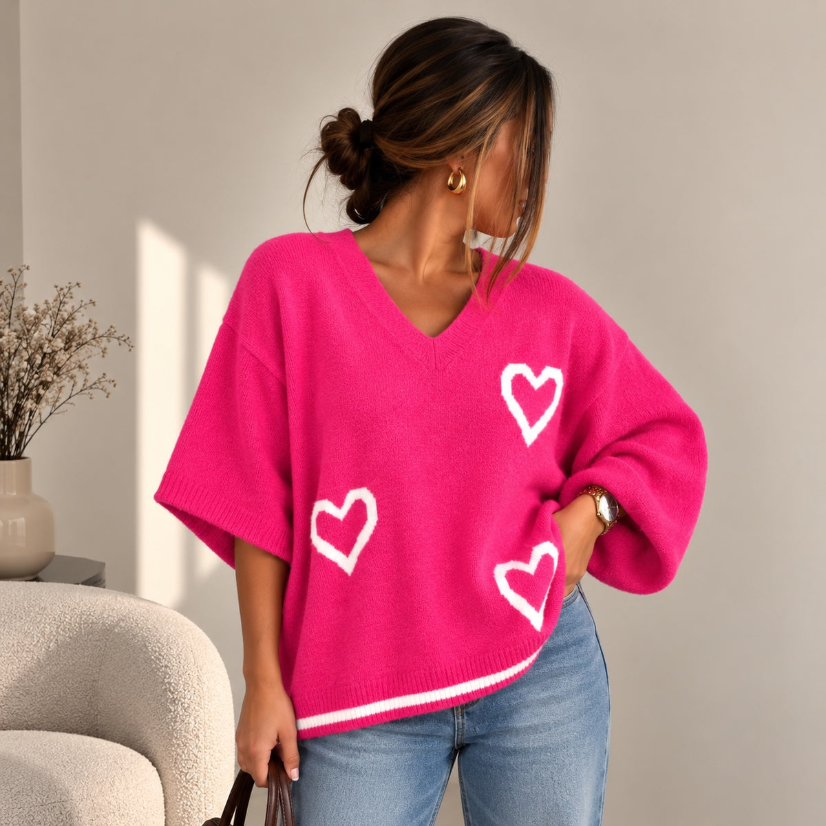 Women's oversized heart knit V-neck jumper in fuchsia, One Size UK 14–24