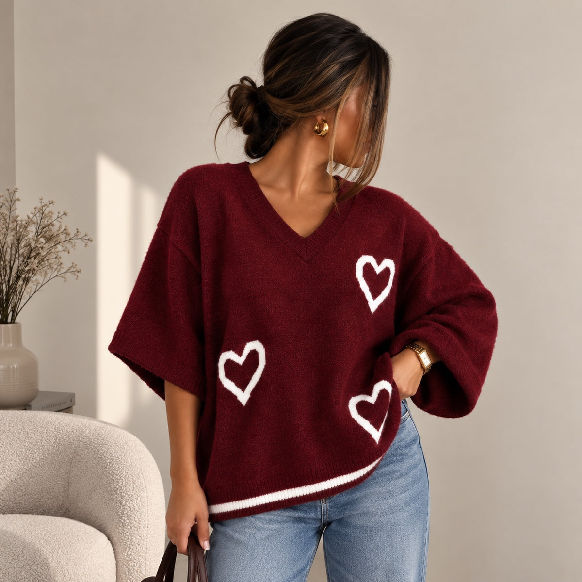 Women's oversized heart knit V-neck jumper in wine, One Size UK 14–24