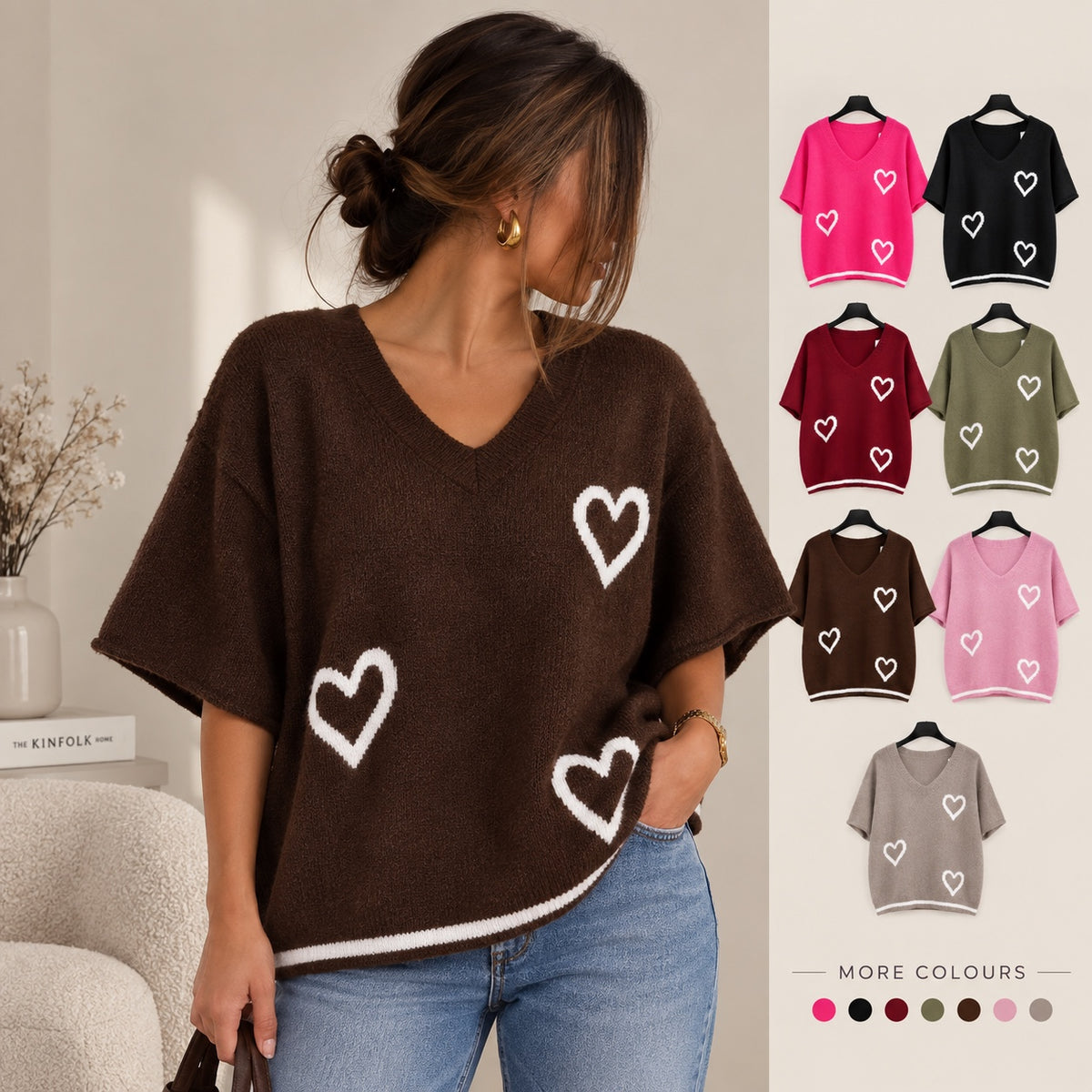 Women's oversized heart knit V-neck jumper in chocolate, with all seven colour options