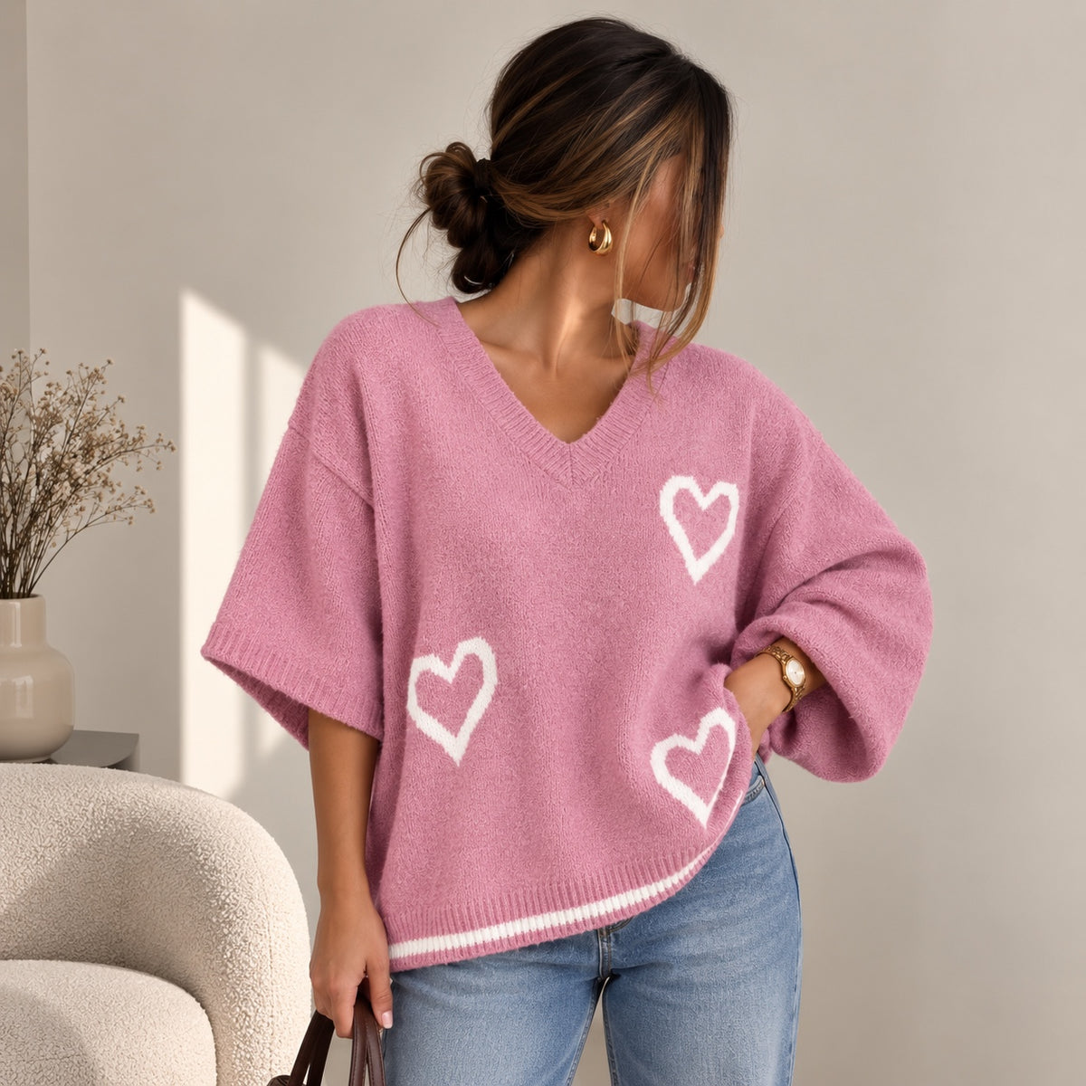 Women's oversized heart knit V-neck jumper in pink, One Size UK 14–24