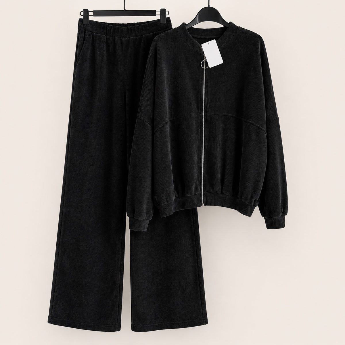Black velour ring zip jacket and wide leg trousers co-ord set