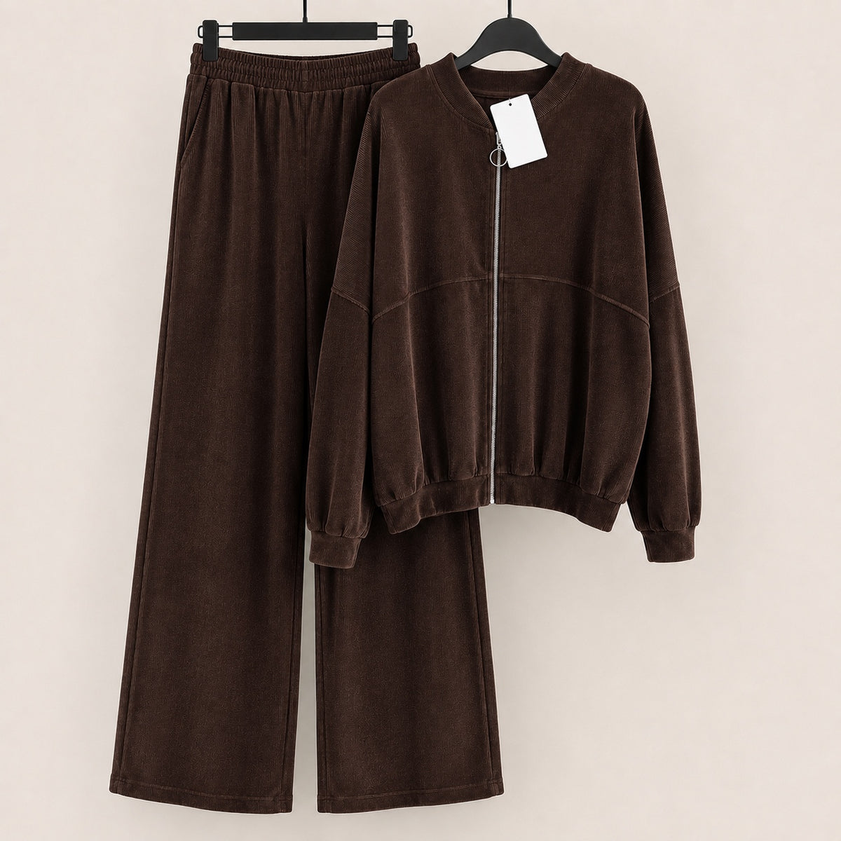 Chocolate velour ring zip jacket and wide leg trousers co-ord set