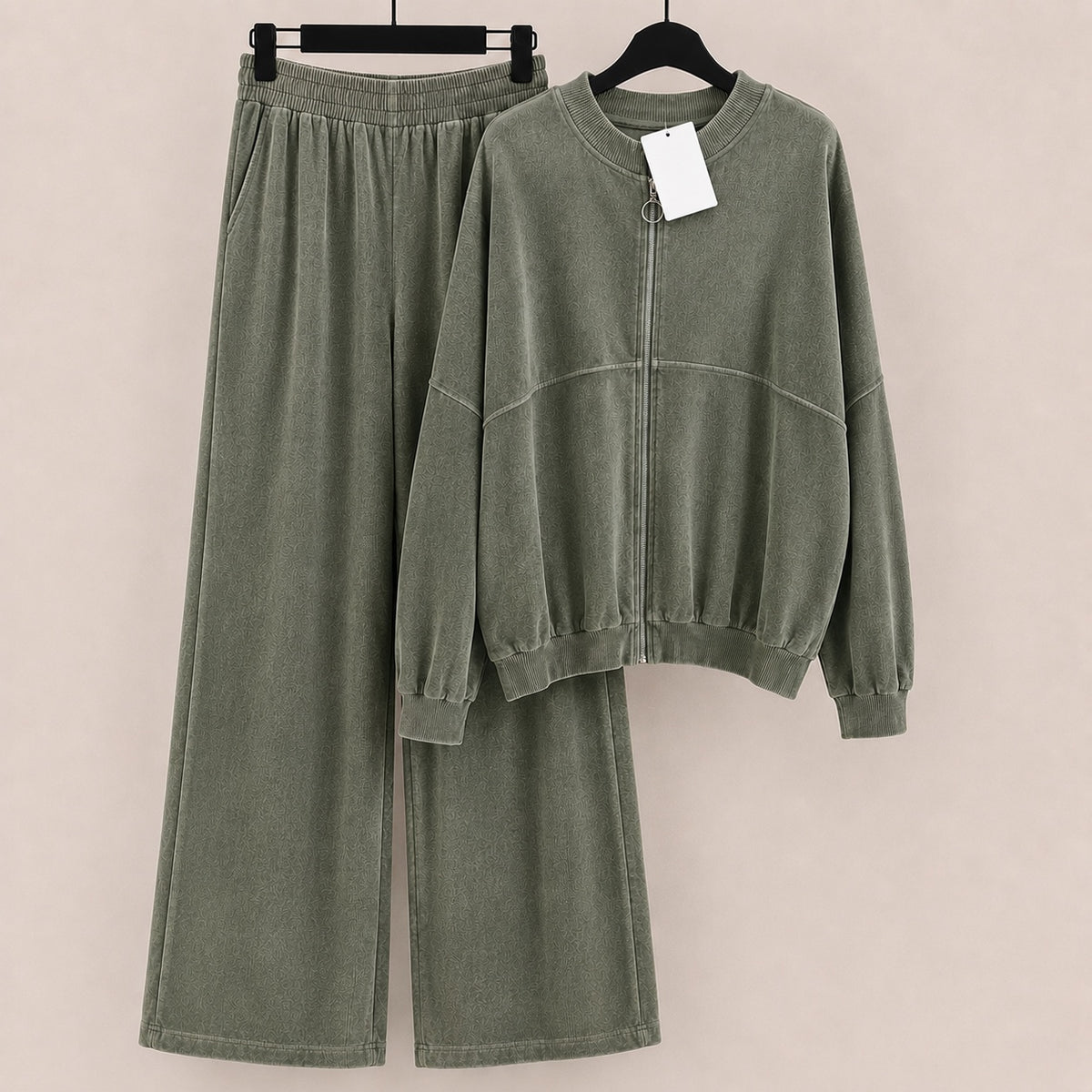 Khaki velour ring zip jacket and wide leg trousers co-ord set