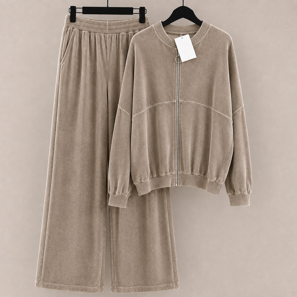 Mocha velour ring zip jacket and wide leg trousers co-ord set