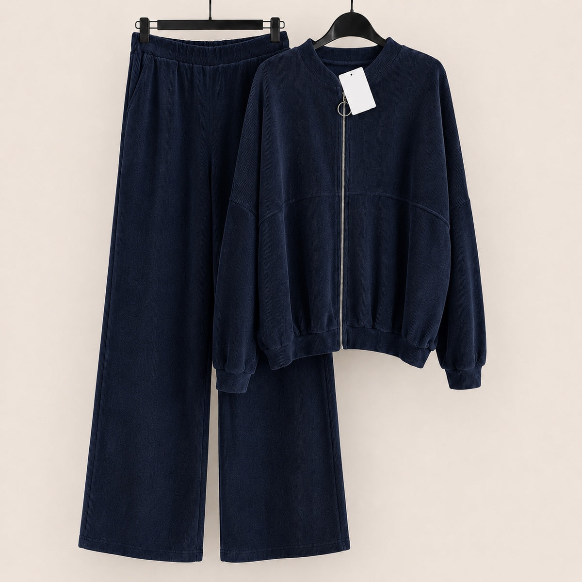 Navy velour ring zip jacket and wide leg trousers co-ord set