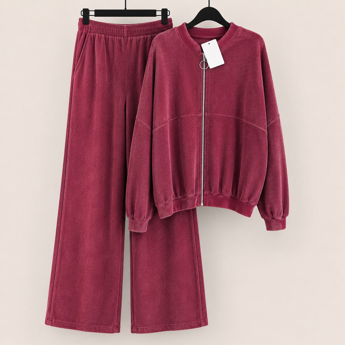 Wine velour ring zip jacket and wide leg trousers co-ord set